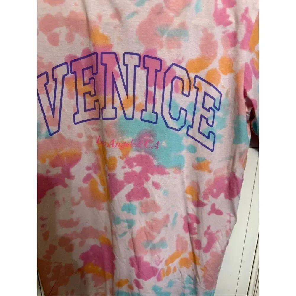 H&M Kids Crew Neck Tie Dye Venice Print T-shirt Dress Pink Multi Size 6-8Y NWOT